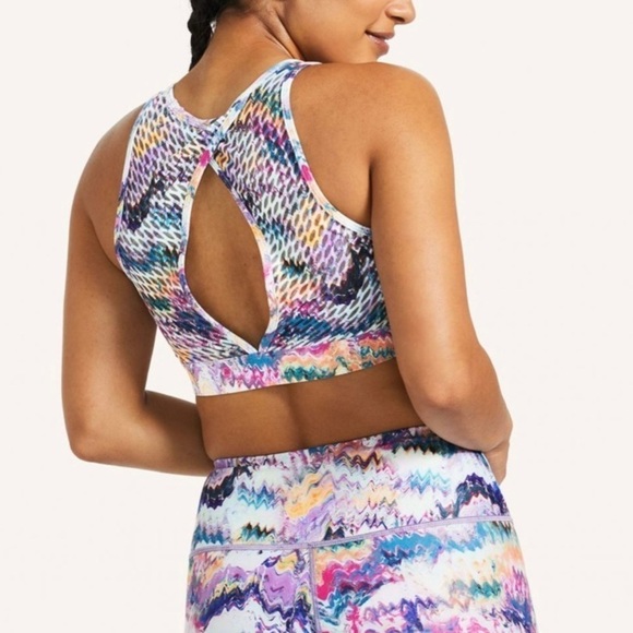 NWT Peloton River Rock High Neck Multicolored Logo Sports Bra w/Mesh Back Small - Picture 3 of 6